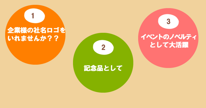 1.会社様の会社ロゴをいれませんか？ 2.記念品として 3.イベントのノベルティとして大活躍